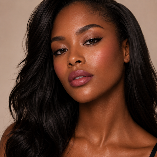 Black model wearing KDLR Beauty Labs Noir Patent Cream Lipstick in Rambling Rose with radiant skin and soft glam beauty makeup.