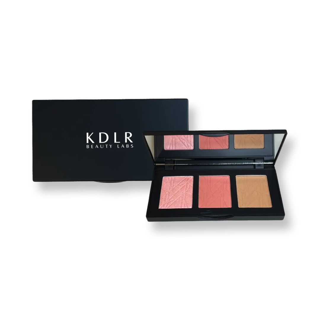 KDLR Beauty Labs Pro Cheek Palette with highlighter, blush, and bronzer in recyclable packaging. Variant: Blushy