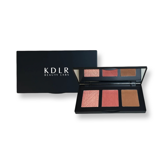 KDLR Beauty Labs Pro Cheek Palette with highlighter, blush, and bronzer in recyclable packaging. Variant: Curious