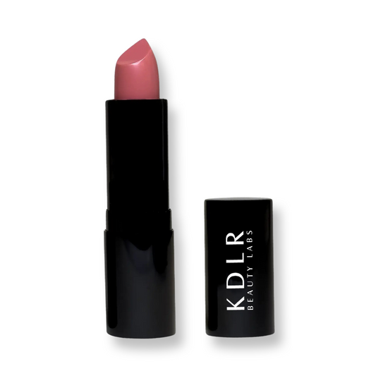 KDLR Beauty Labs' Noir Patent Cream Lipstick: vibrant, nourishing with argan oil, vitamin E, vegan, paraben-free, in sustainable packaging. Variant: Darling Dahlia