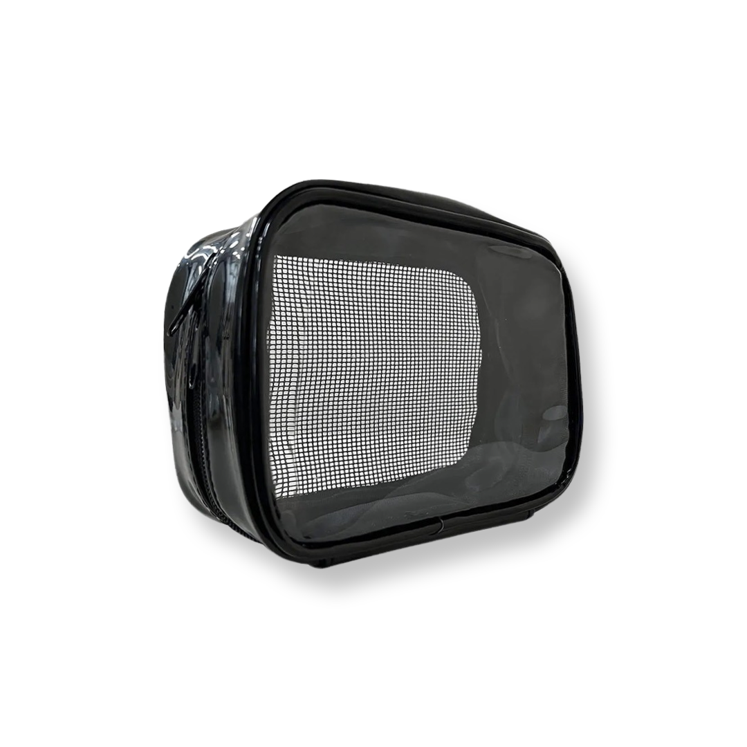 KDLR Beauty Labs clear, glossy makeup bag, easy access to essentials, easy-to-clean material.