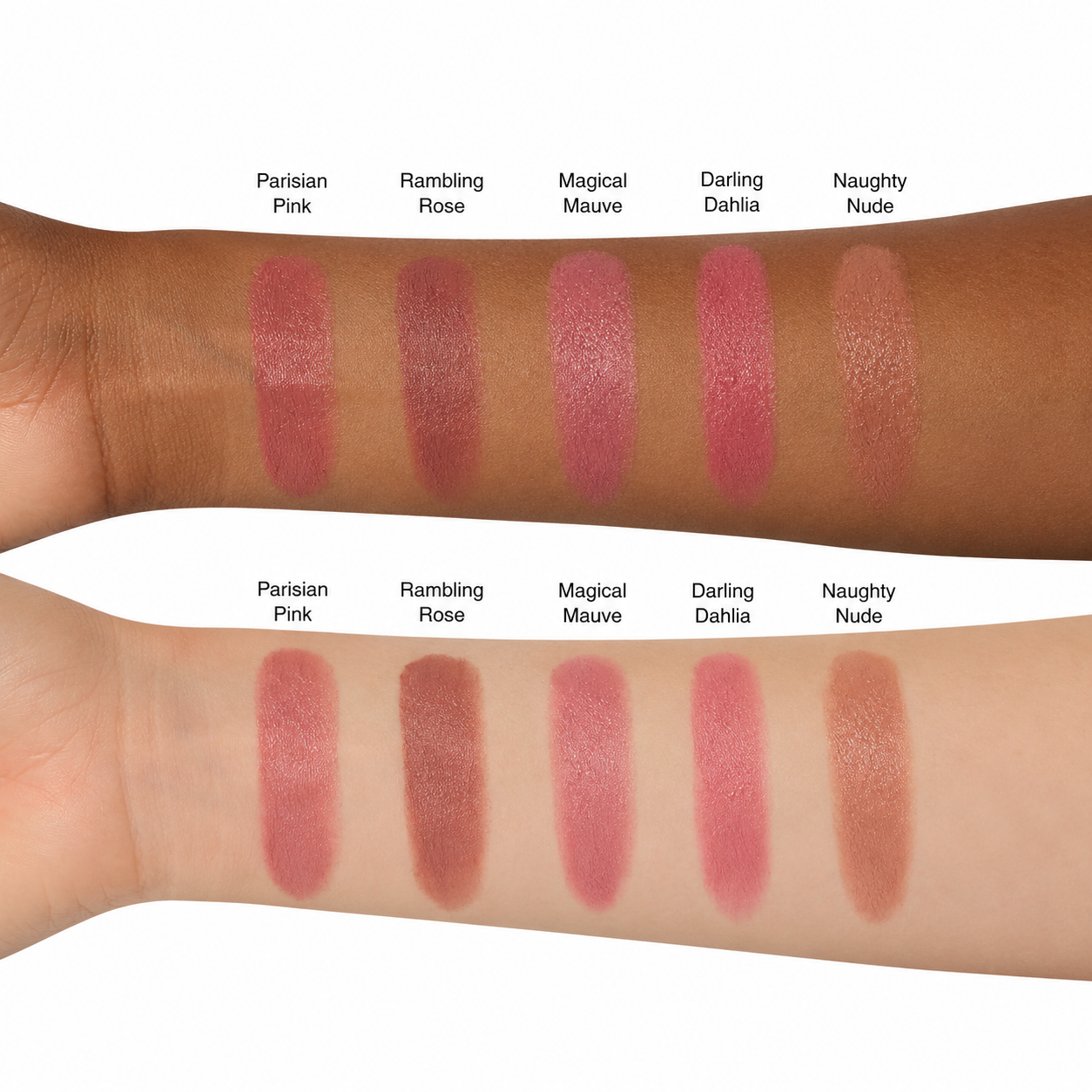 Swatches of KDLR Beauty Labs Noir Patent Cream Lipstick shown on light and deep skin tones with a creamy rosy mauve satin finish.