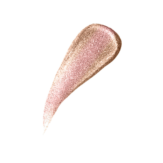 Swatch of KDLR Beauty Labs' Liquid Aura Shimmer: Iridescent glow for lips, eyes, and cheeks, vegan, cruelty-free, in a 5 mL package. Variant: Euphoria