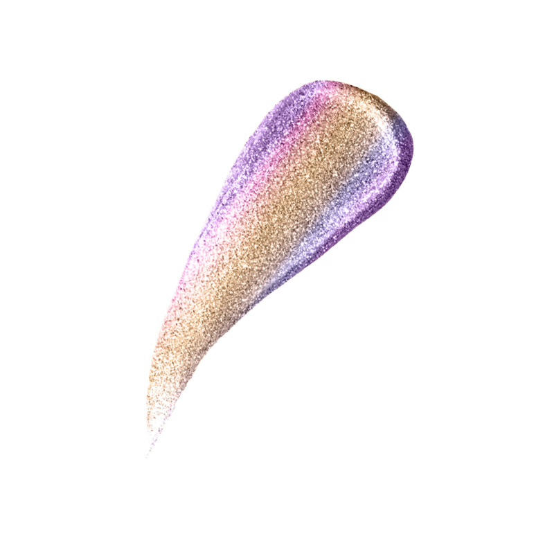 Swatch of KDLR Beauty Labs' Liquid Aura Shimmer: Iridescent glow for lips, eyes, and cheeks, vegan, cruelty-free, in a 5 mL package. Variant: Hottie