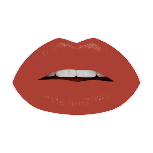 Swatch lips of Noir Patent Matte Lipstick in sleek patent black case with nine shades, long-lasting, cruelty-free, high-pigment color. Variant: Megan