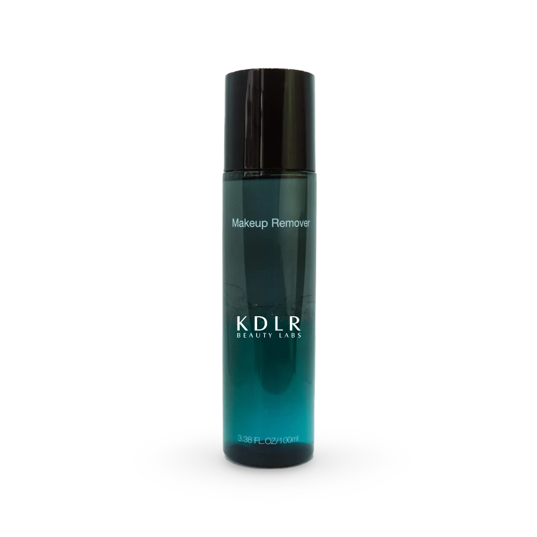 Bottle of KDLR Beauty Labs' Lip and Eye Makeup Remover, a professional oil and water mix for sensitive skin, designed to remove waterproof mascara and long-lasting colors gently and effectively.