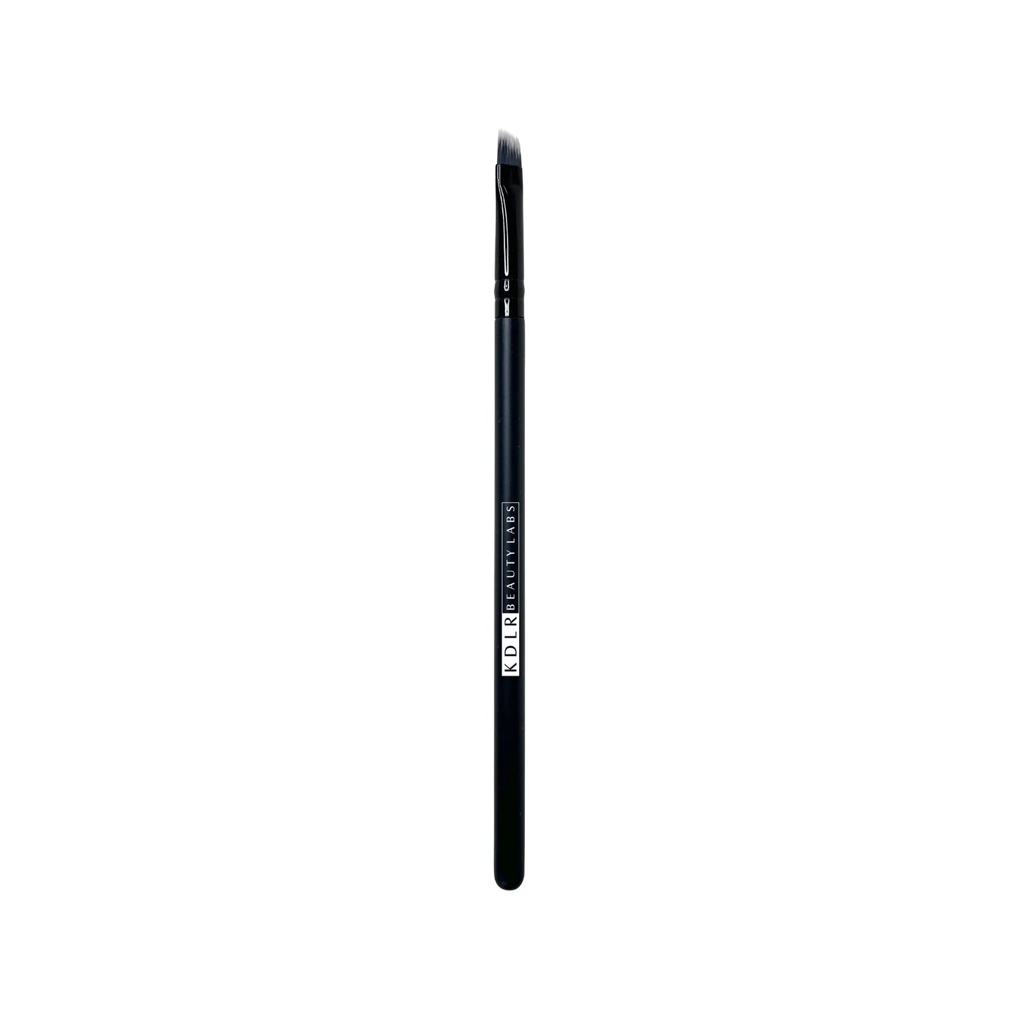 KDLR Beauty Labs Angled Liner and Brow Definer brush, a fine-edge synthetic eyeliner and eyebrow makeup brush with black bristles and a glossy black handle on a white background.