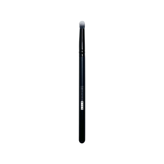 KDLR Beauty Labs Precision Crease and Smudge brush, a small tapered synthetic eyeshadow blending and eyeliner smudging brush with black and white bristles and a glossy black handle on a white background.