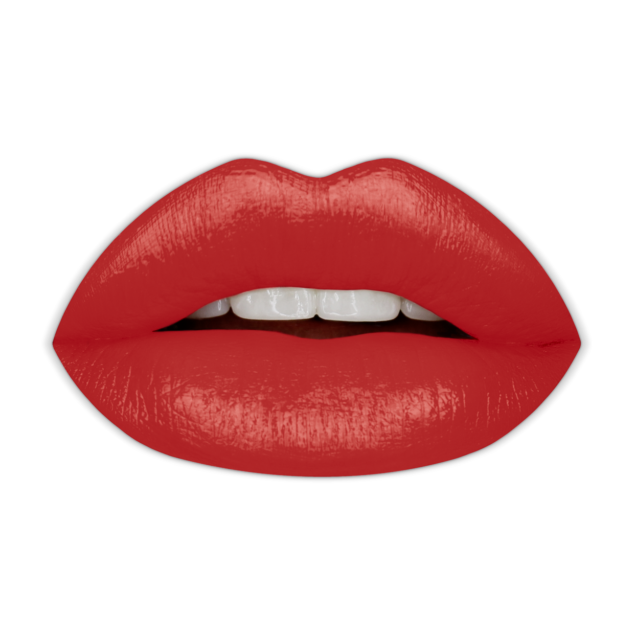 Swatch of KDLR Beauty Labs' SatinMatte Lip Stain, featuring enduring color with a velvety matte finish for all-day wear, buildable shades, unique doe-shaped applicator, vitamin E enriched, and an eco-friendly, vegan formula. Variant: True Crimson