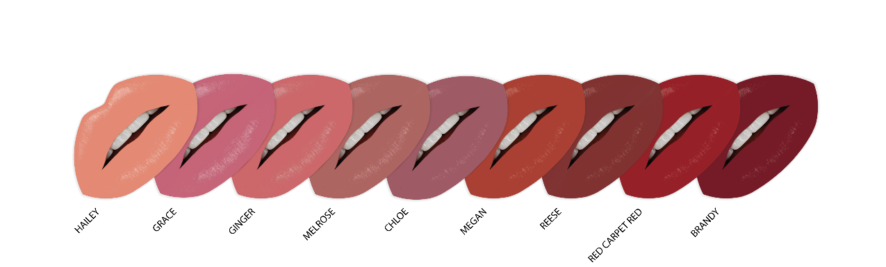 Swatch lips of Noir Patent Matte Lipstick in sleek patent black case with nine shades, long-lasting, cruelty-free, high-pigment color. Variant: all