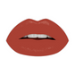 Swatch lips of Noir Patent Matte Lipstick in sleek patent black case with nine shades, long-lasting, cruelty-free, high-pigment color. Variant: Megan