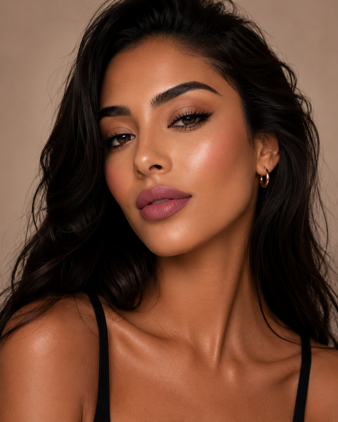 model wearing KDLR Beauty Labs Noir Patent Cream Lipstick in Magical Mauve with soft glam makeup and glowing skin.