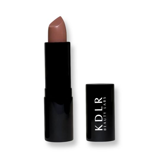 KDLR Beauty Labs' Noir Patent Cream Lipstick: vibrant, nourishing with argan oil, vitamin E, vegan, paraben-free, in sustainable packaging. Variant: Naughty Nude