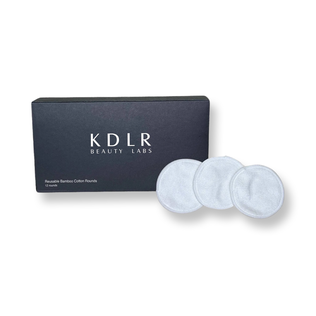 A set of eco-friendly Reusable Bamboo Cotton Rounds by KDLR Beauty Labs, neatly arranged in packaging, promising gentle skincare with organic cotton goodness.