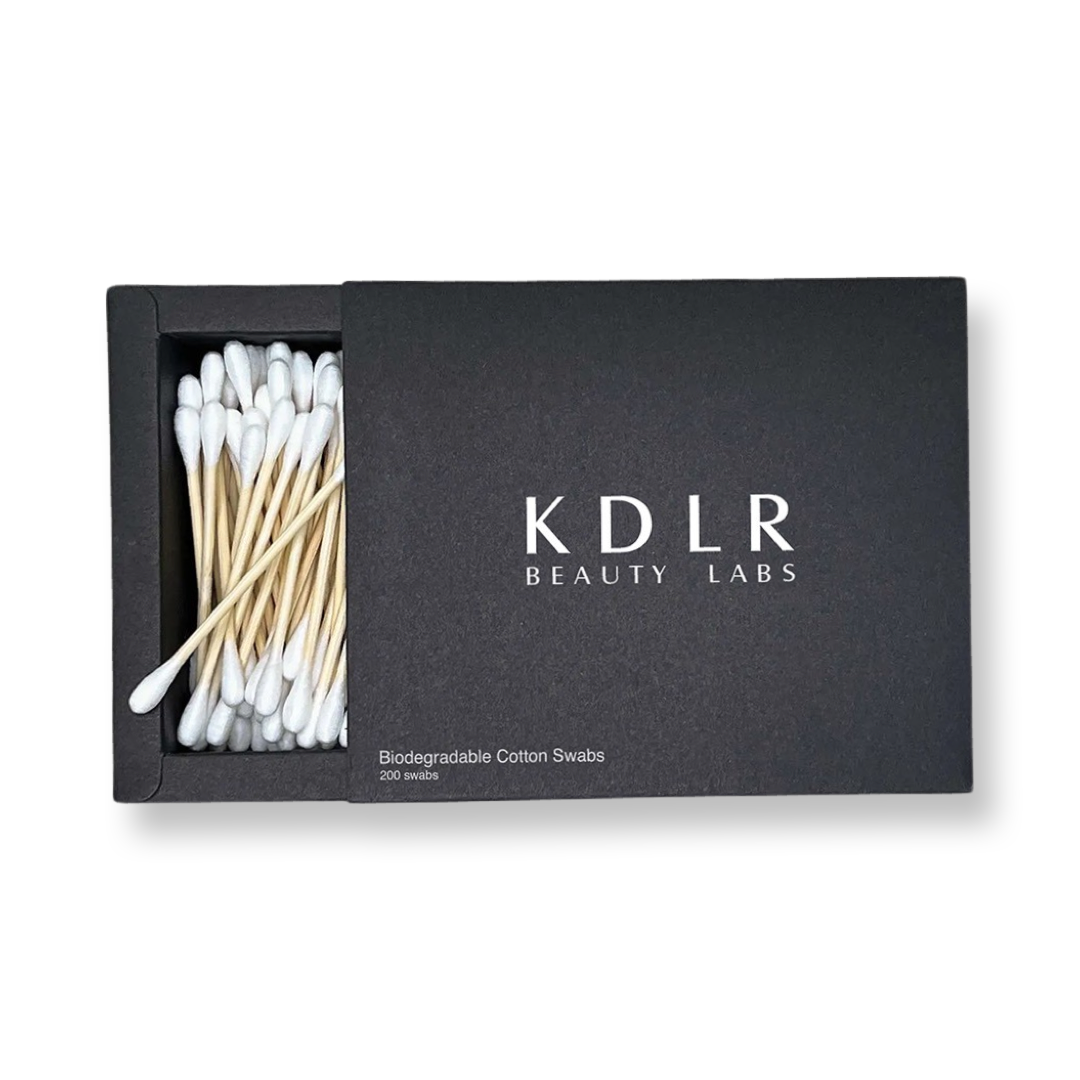 KDLR Beauty Labs' eco-friendly cotton swabs with soft 100% pure cotton and bamboo stems, ideal for makeup and skincare.