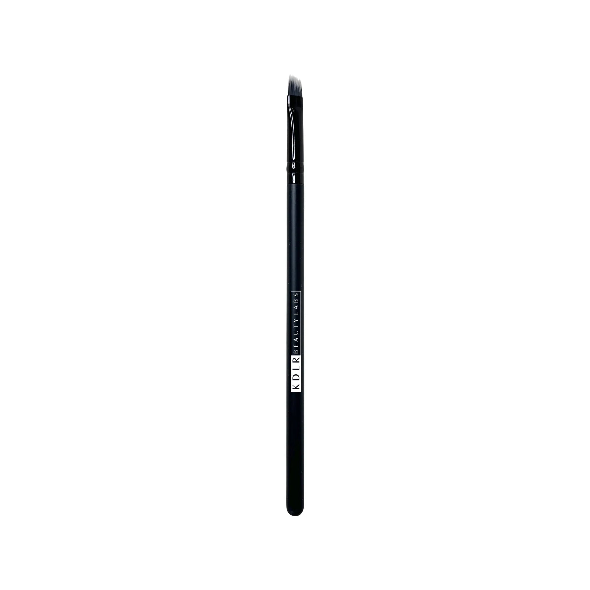 KDLR Beauty Labs Angled Liner and Brow Definer brush, a fine-edge synthetic eyeliner and eyebrow makeup brush with black bristles and a glossy black handle on a white background.