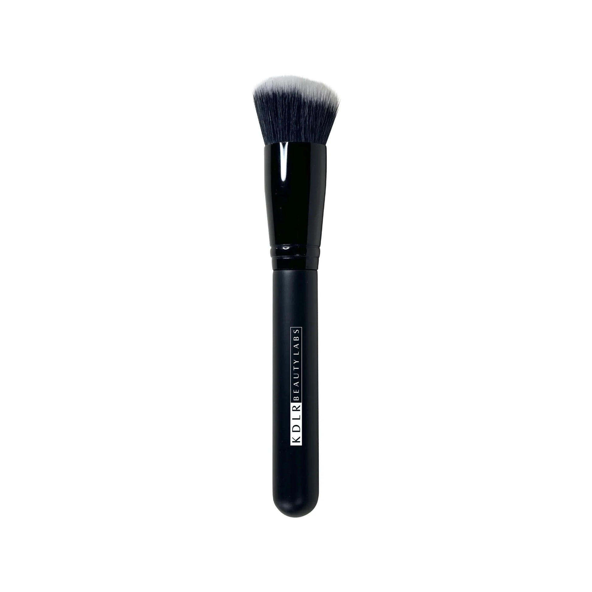 KDLR Beauty Labs Angled Stipple and Blend Brush, a dense synthetic foundation buffing brush with black and white bristles and a glossy black handle on a clean white background.