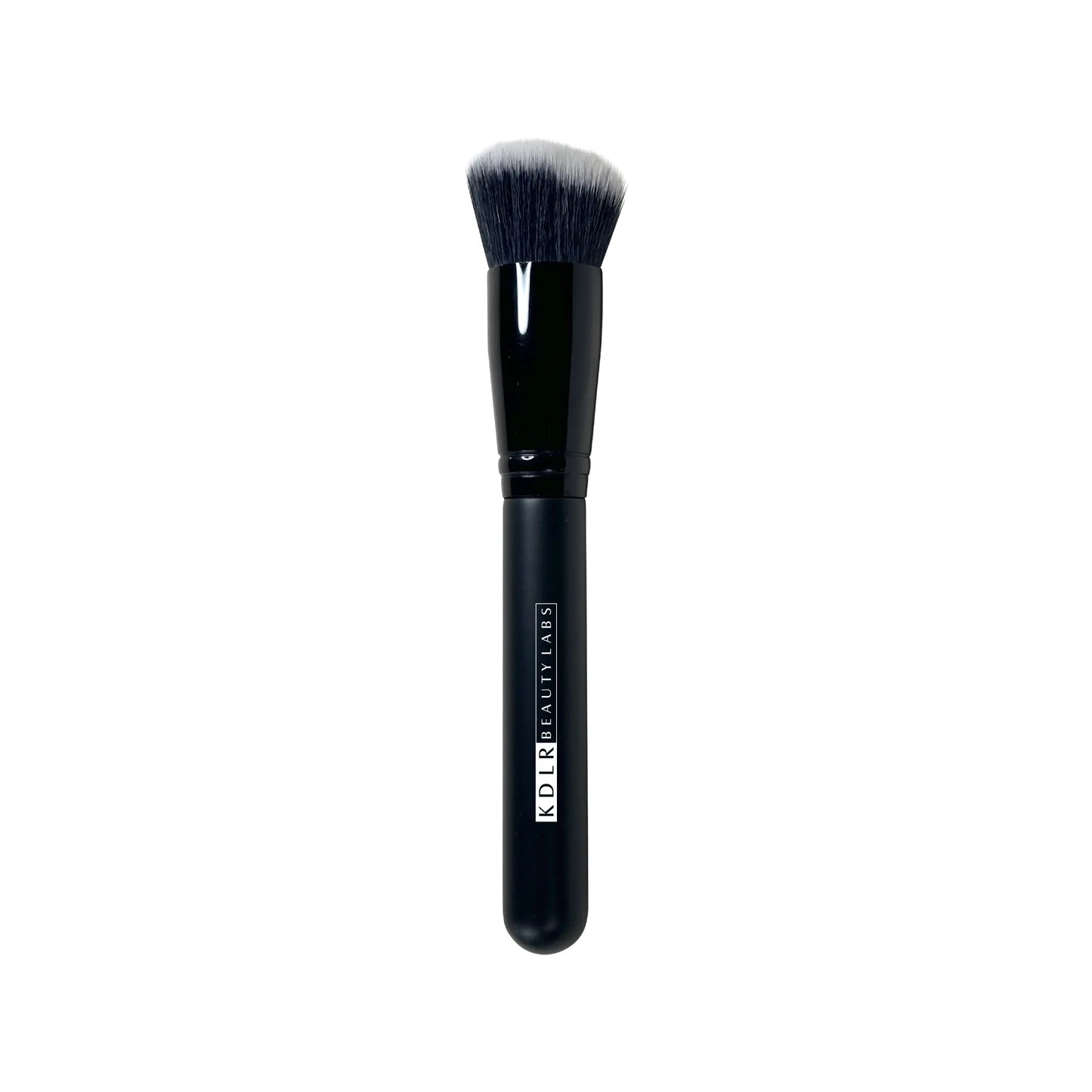 KDLR Beauty Labs Angled Stipple and Blend Brush, a dense synthetic foundation buffing brush with black and white bristles and a glossy black handle on a clean white background.