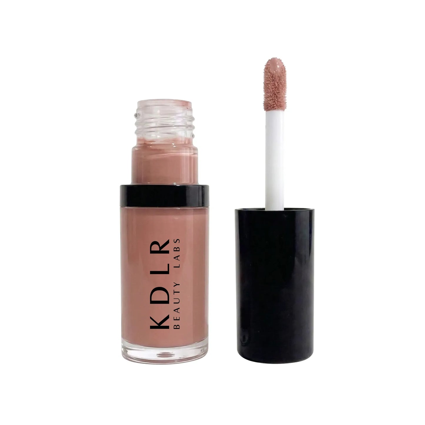 KDLR Beauty Labs Glow Infusion Lip Oil II in the neutral nude shade Unbutton, showing the clear acrylic bottle with a black cap and the plush doe-foot applicator pulled out on a white background.