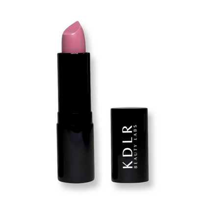 KDLR Beauty Labs' Noir Patent Cream Lipstick: vibrant, nourishing with argan oil, vitamin E, vegan, paraben-free, in sustainable packaging. 